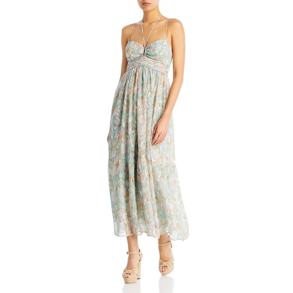 AQUA Dress Womens Medium Green Maxi Sundress Keyhole Halter Peasant Cottage